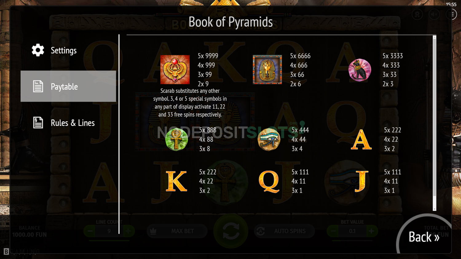 Book of Pyramids - Paytable