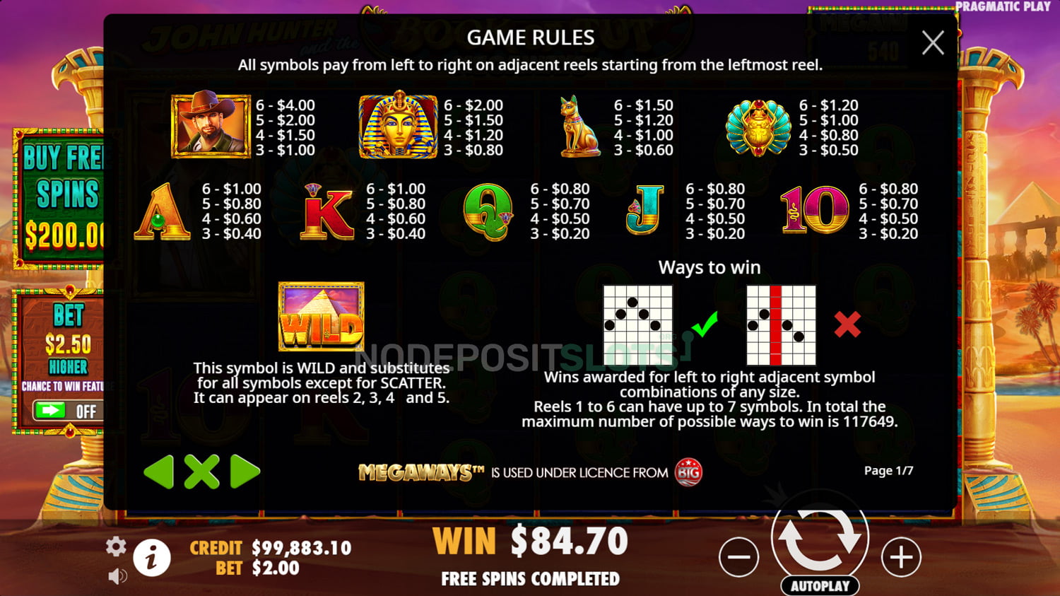 Book of Tut Megaways - Paytable