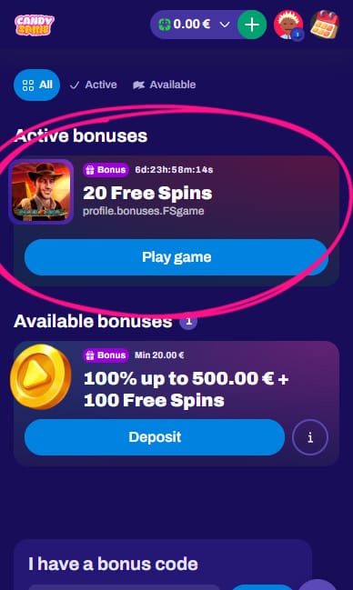 Candyspinz Active Bonuses - 20 free spins