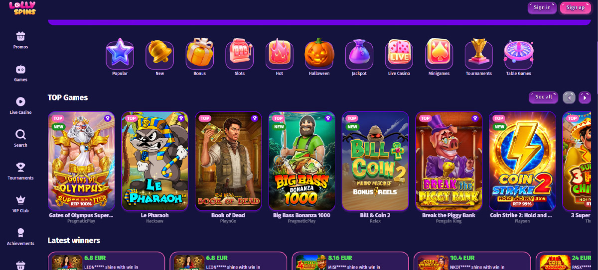 What are the games at Lollyspins Casino?