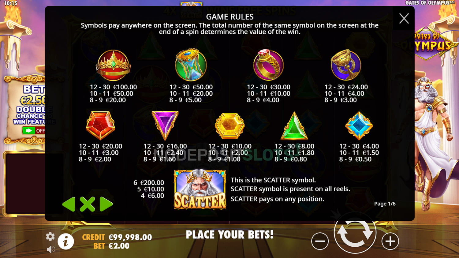 Gates of Olympus Slot - Paytable