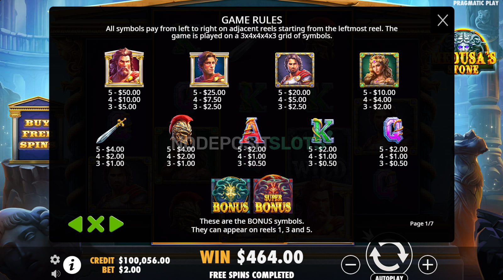 Medusa's Stone - Slot paytable