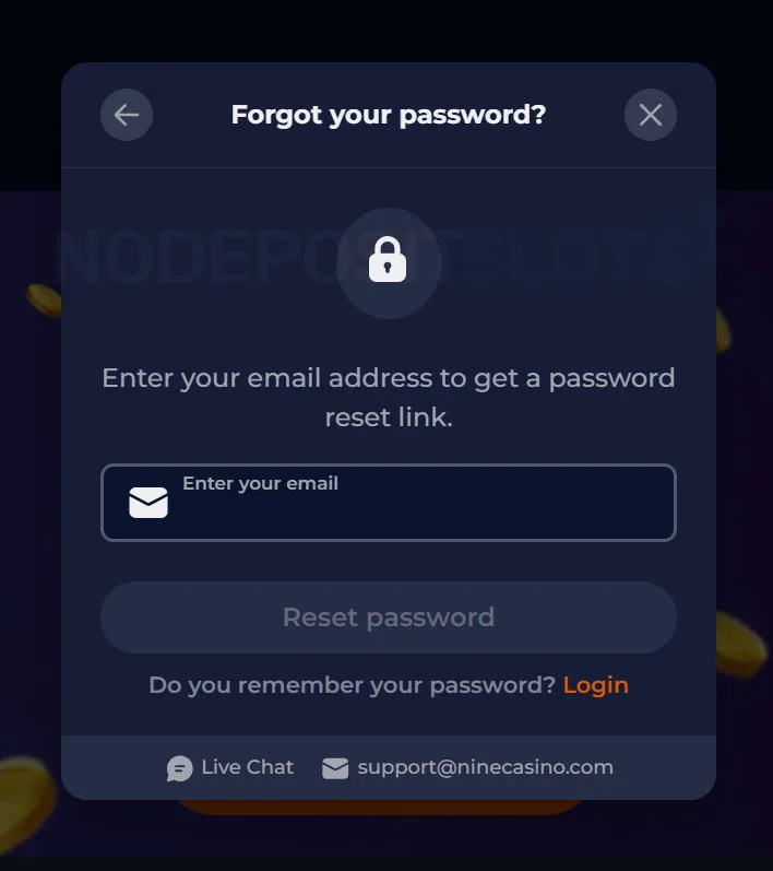 Recovering Password - Nine Casino