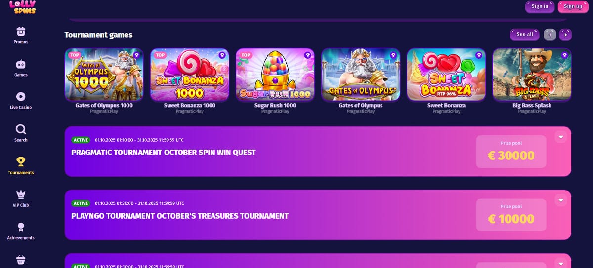What are the tournaments at Lollyspins Casino?
