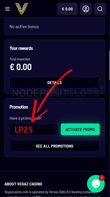 Vegaz Casino how to put bonus code